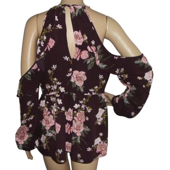 American Eagle Blouse Small Burgundy Wine Pink Floral off cold shoulder v-neck - Picture 4 of 14